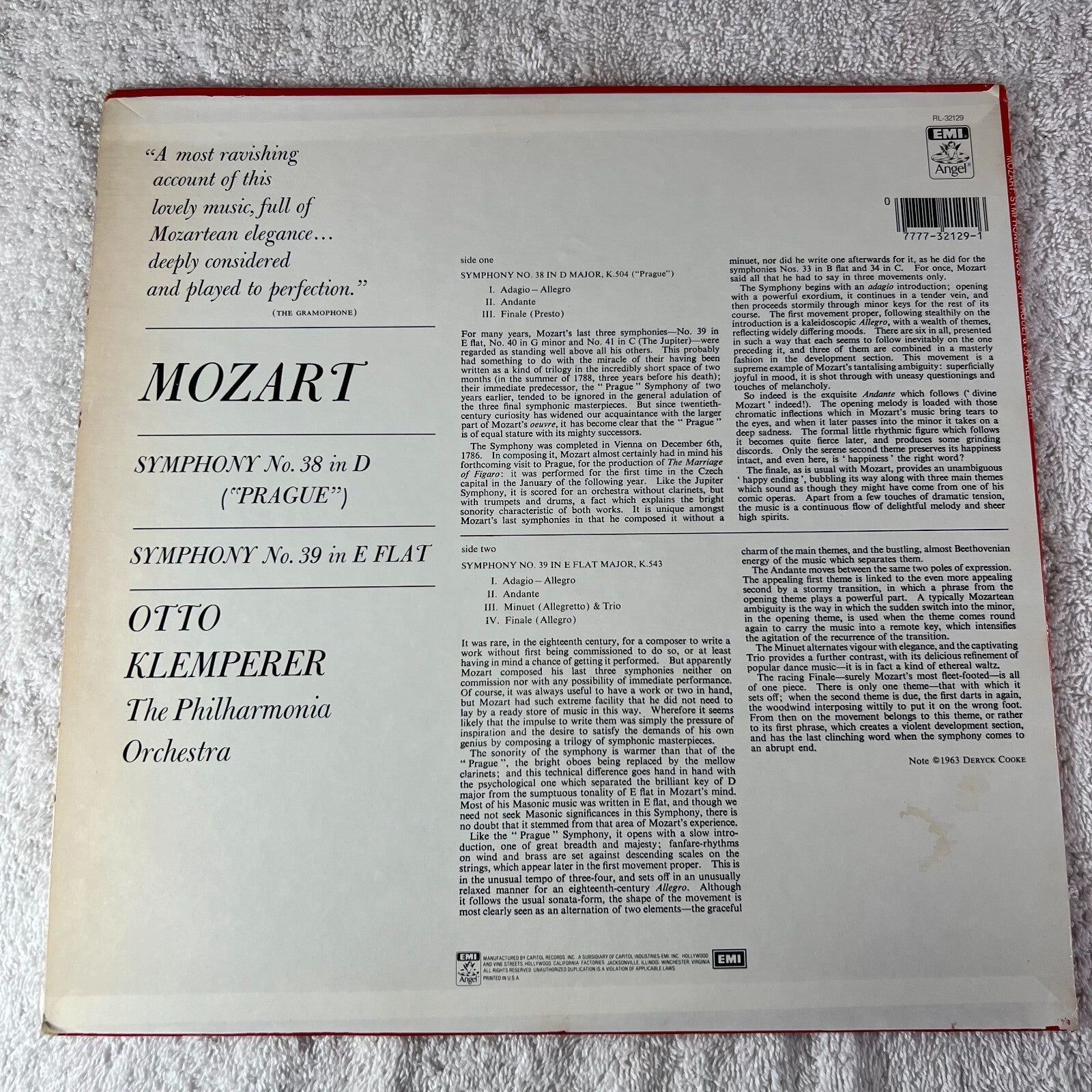 MOZART – Symphonies No. 38 In D, "Prague" / No. 39 In E Flat Vinyl LP US 1965