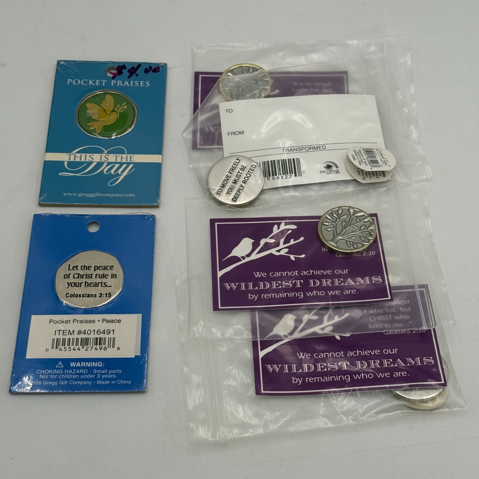 Lot of 6 Pocket Prayer Coins Blessed Change Praises Peace Hearts Bible Verse NWT