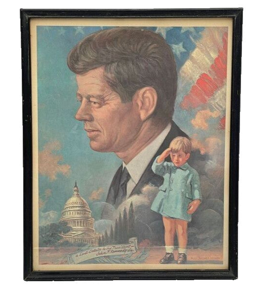 1964 JFK Original Lithograph Color Print Arthur Freeman in Gold MCM Frame 18x22