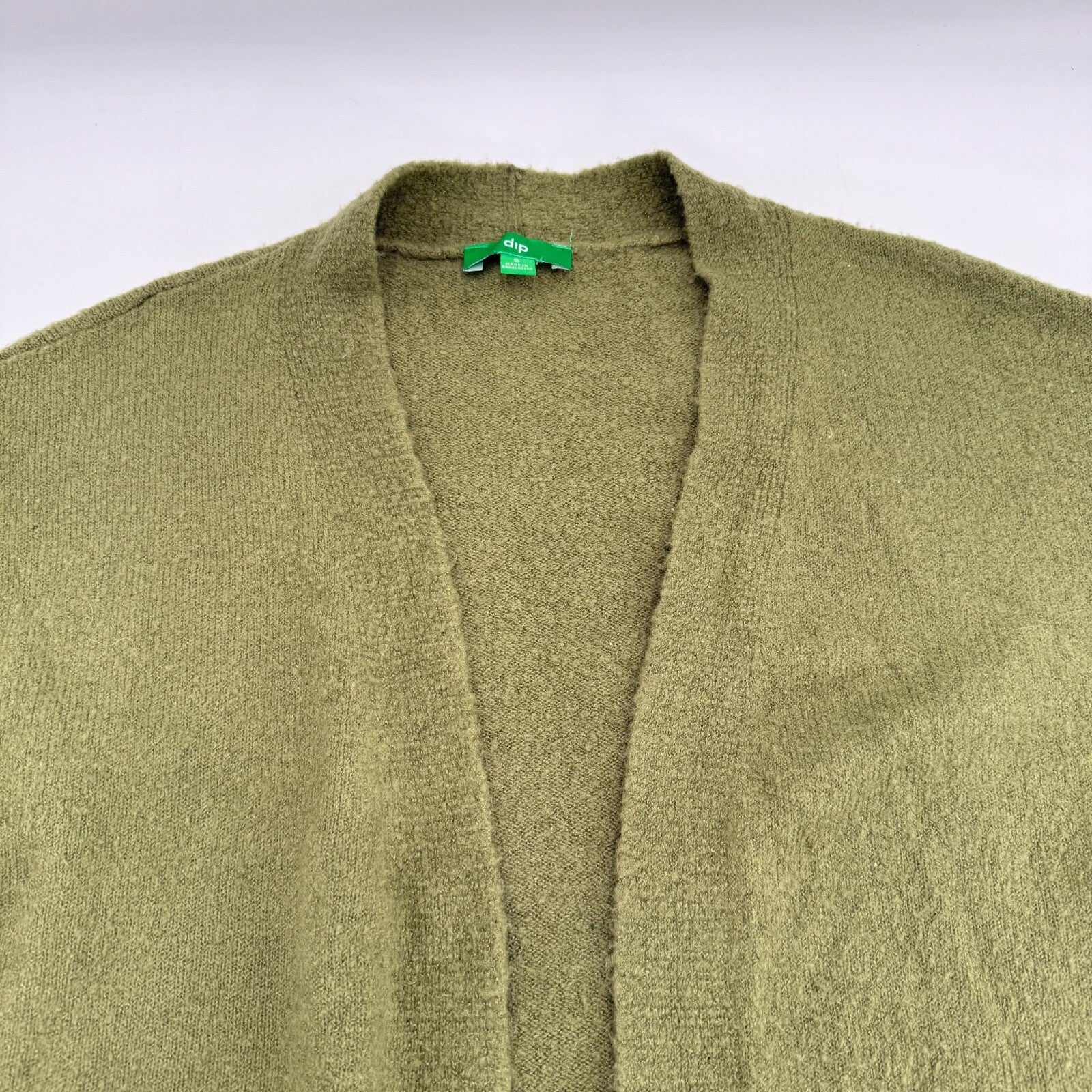Olive Green Knit Cardigan Open Sweater Pockets Long Split Sides Womens Size S