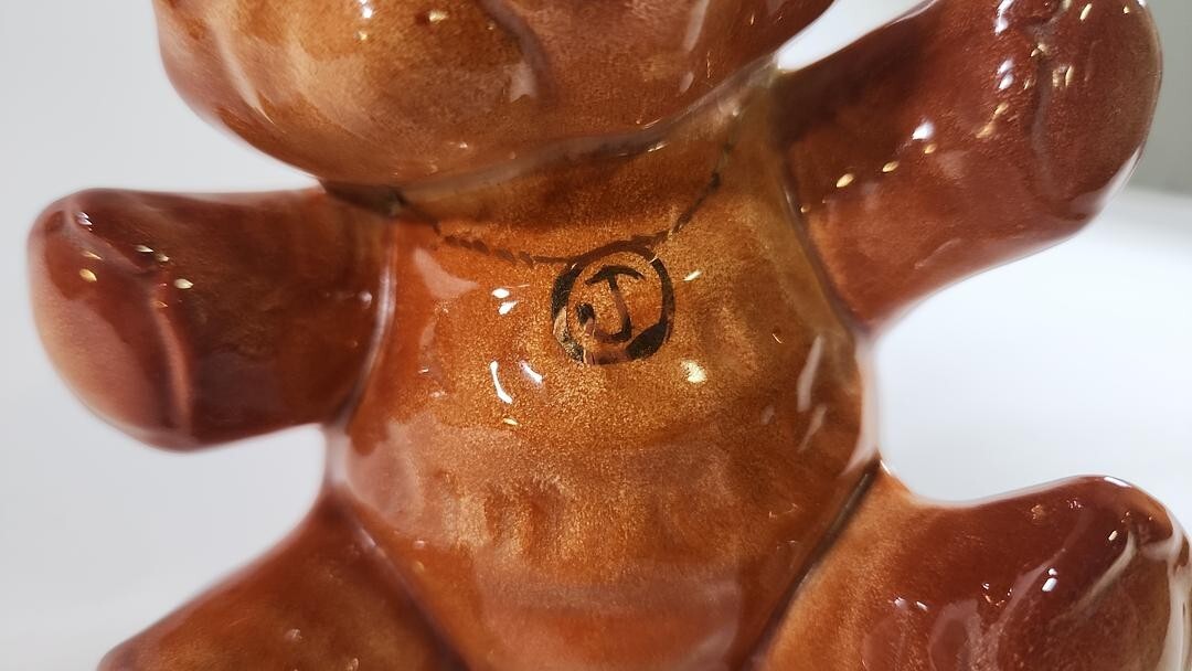Intricate Ceramic "J" Painted Necklace High Gloss Silly Brown Bear Figurine