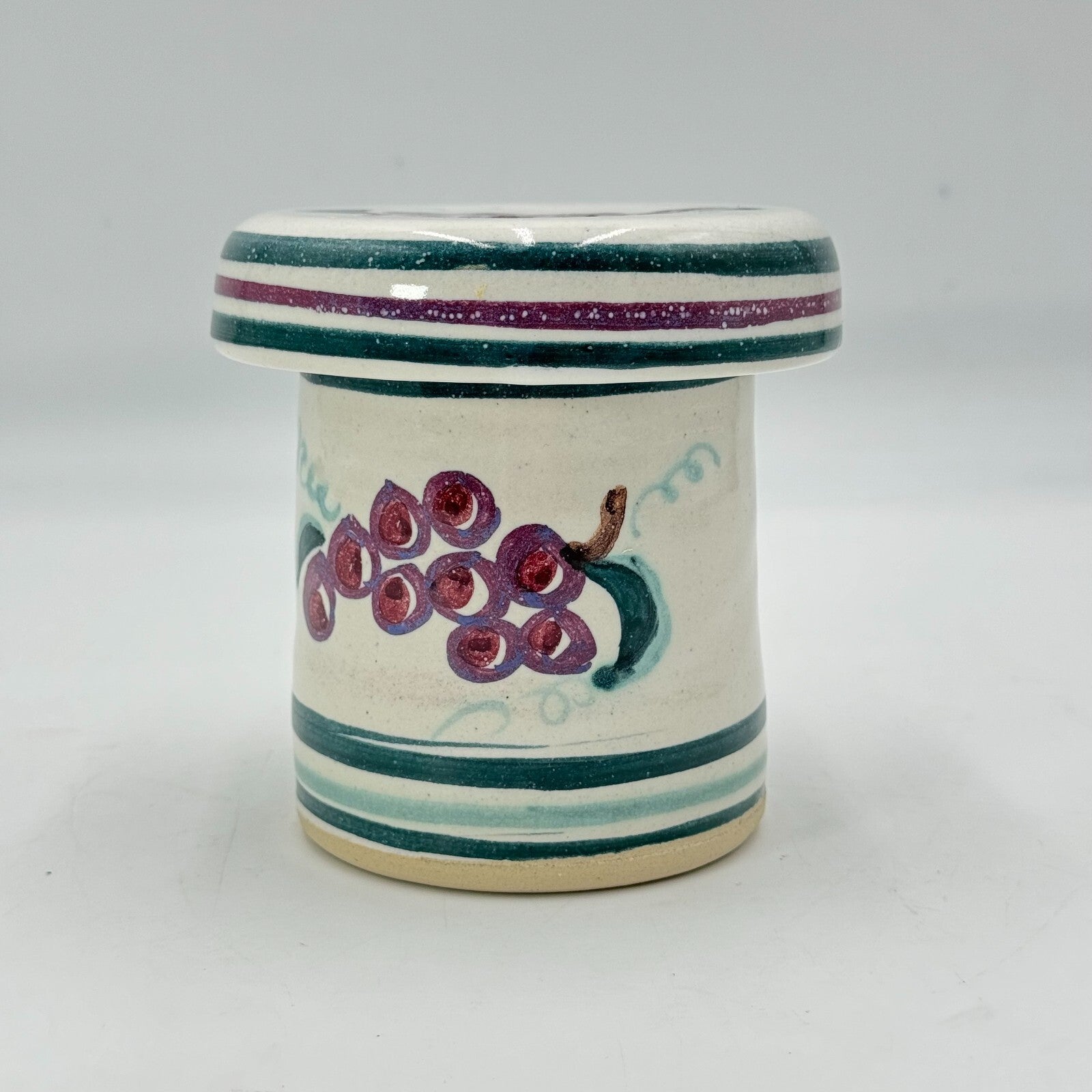 Unique Ceramic Jar With Butter Bell Lid Painted Green Stripes & Red Grapes RARE