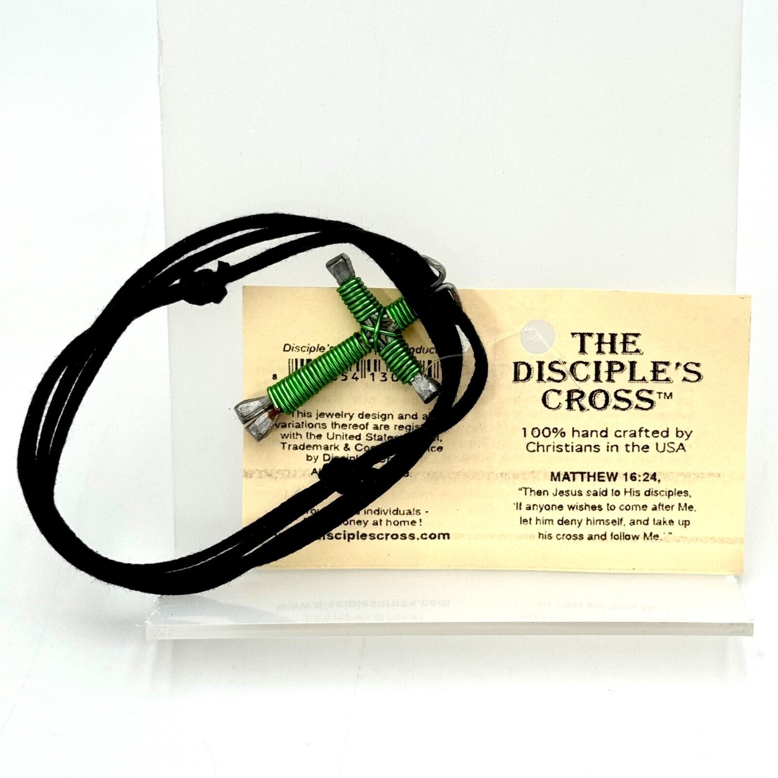 The Disciple’s Cross 100% Hand Crafted USA Christians Green Coil Necklace NWT
