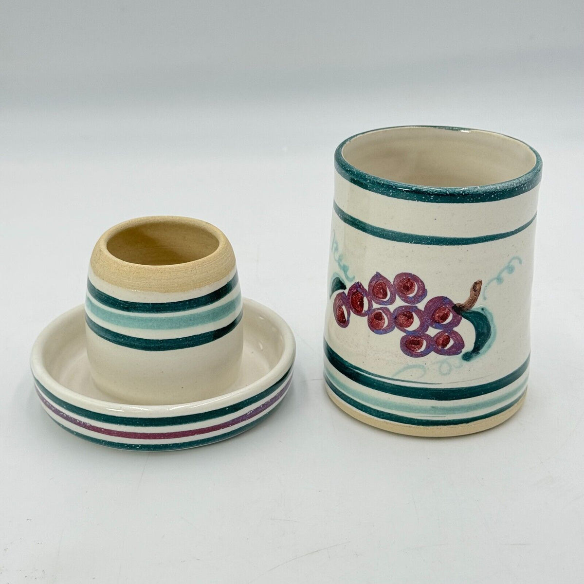 Unique Ceramic Jar With Butter Bell Lid Painted Green Stripes & Red Grapes RARE