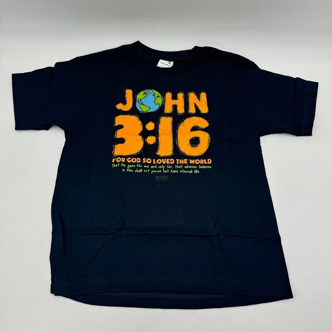 Kerusso  Kids Medium John 3:16 Verse Crewneck T-Shirt Navy Orange Christian NWT