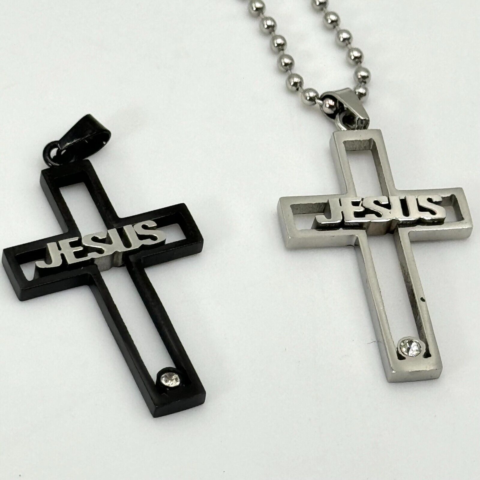 2 Jesus Cut Out Cross Black & Silver Pendant Diamond Gem 22" Chain Christian NEW