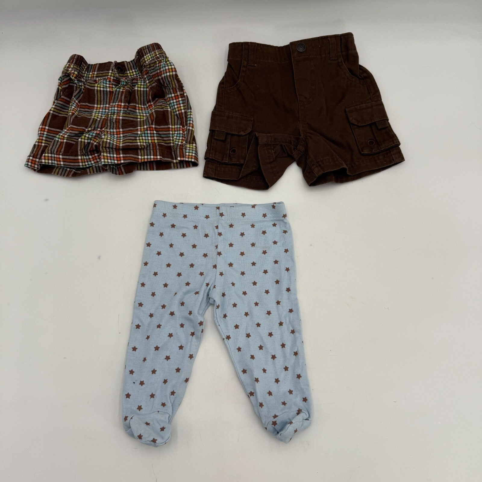Lot of 3 NB Baby Clothes Newborn Cargo Shorts 0-3M Footie Leggings Blue Brown