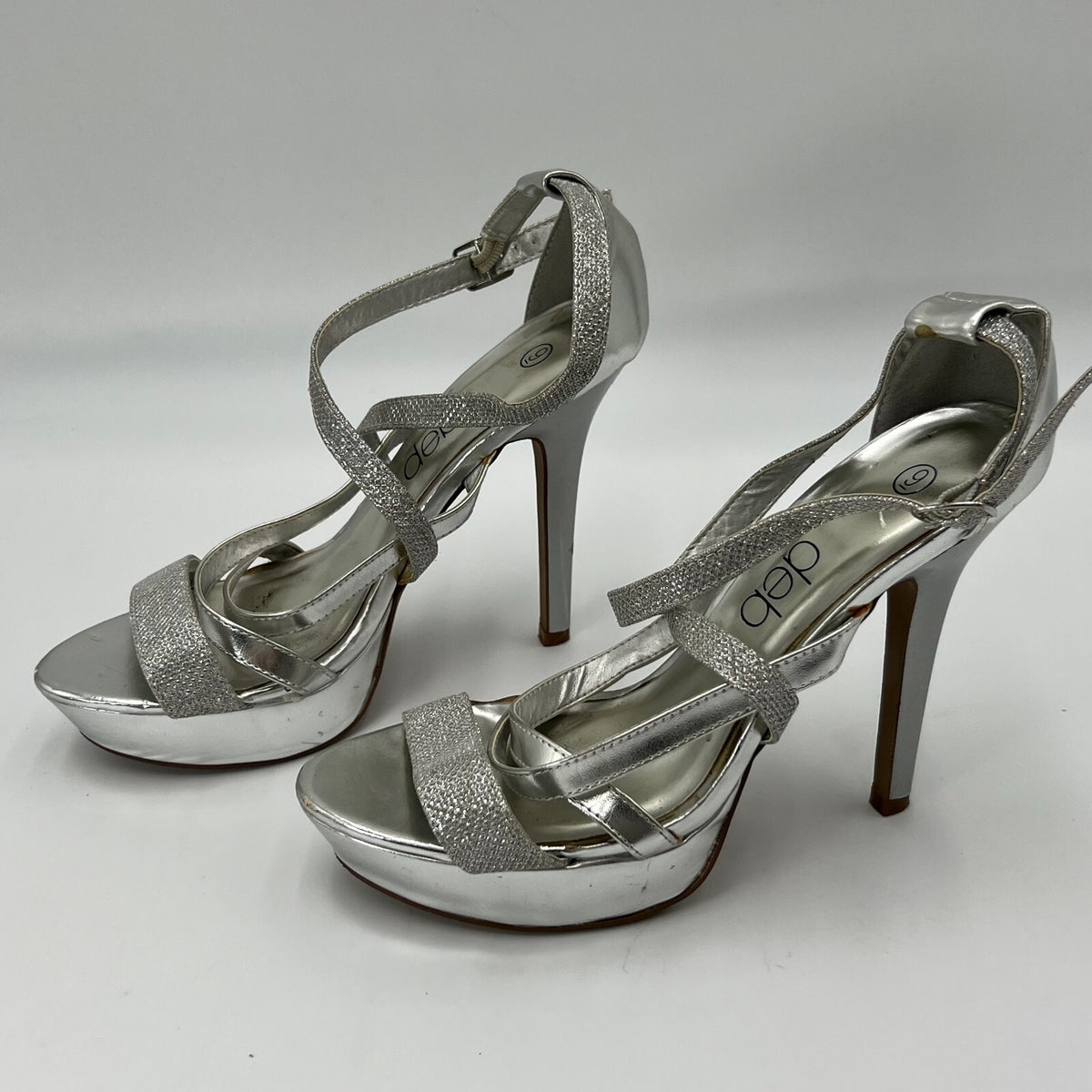 Deb Silver Glittering Jewels Adjustable Buckle Stilleto Peep Toe High Heels Sz 9