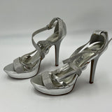 Deb Silver Glittering Jewels Adjustable Buckle Stilleto Peep Toe High Heels Sz 9