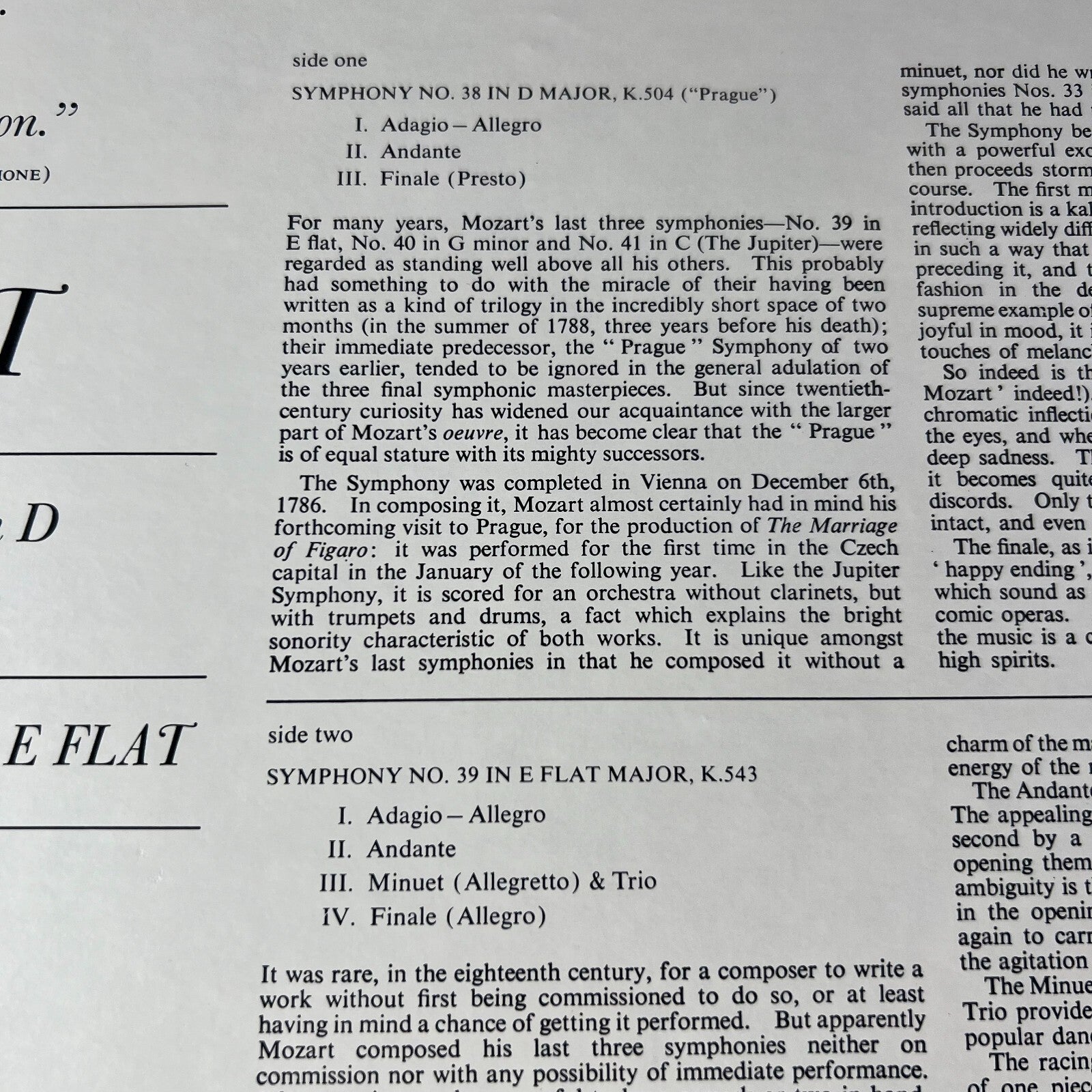 MOZART – Symphonies No. 38 In D, "Prague" / No. 39 In E Flat Vinyl LP US 1965