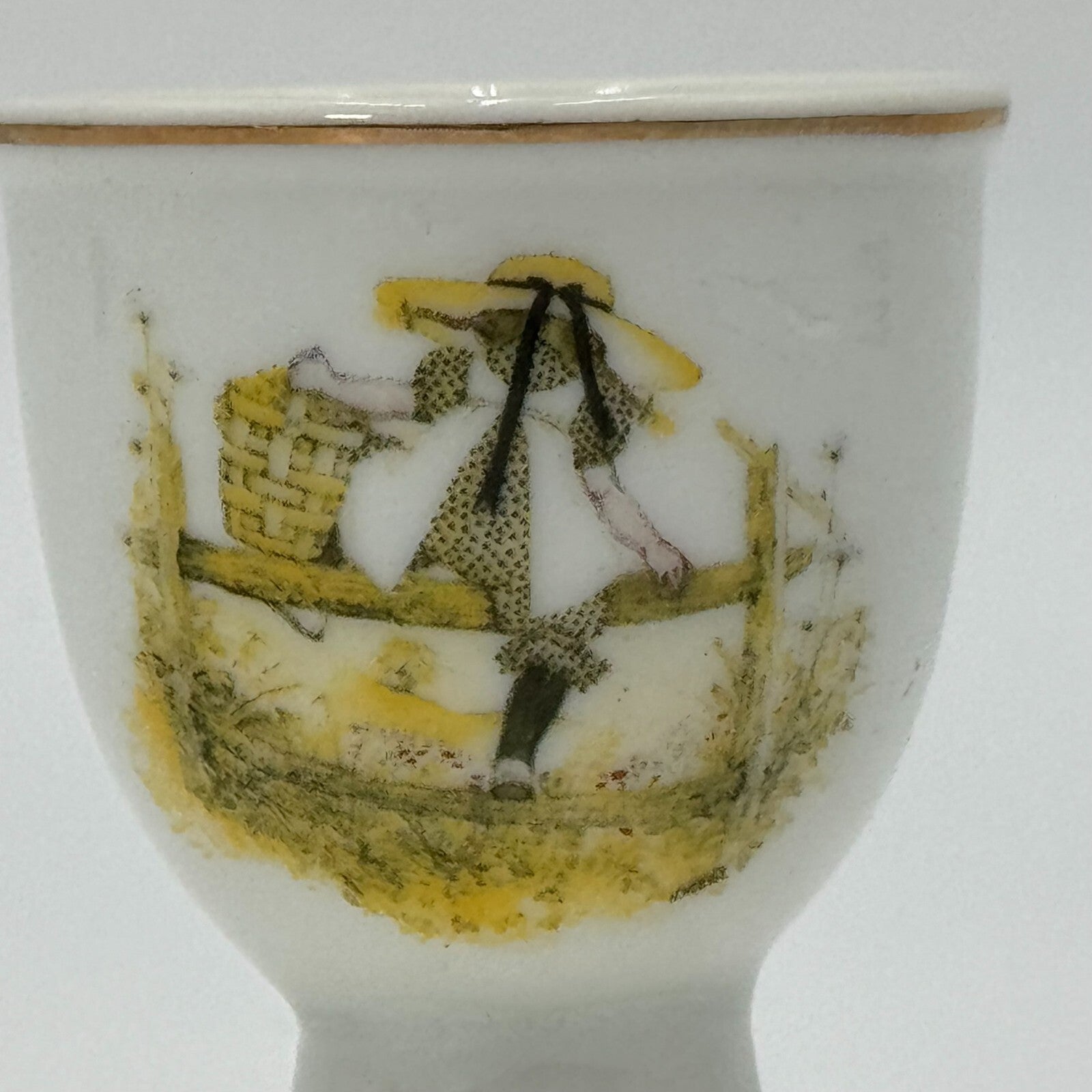 Vintage Gilded Gold Rimmed Porcelain Holly Hobbie Sitting Painted Egg Cup 2.5”