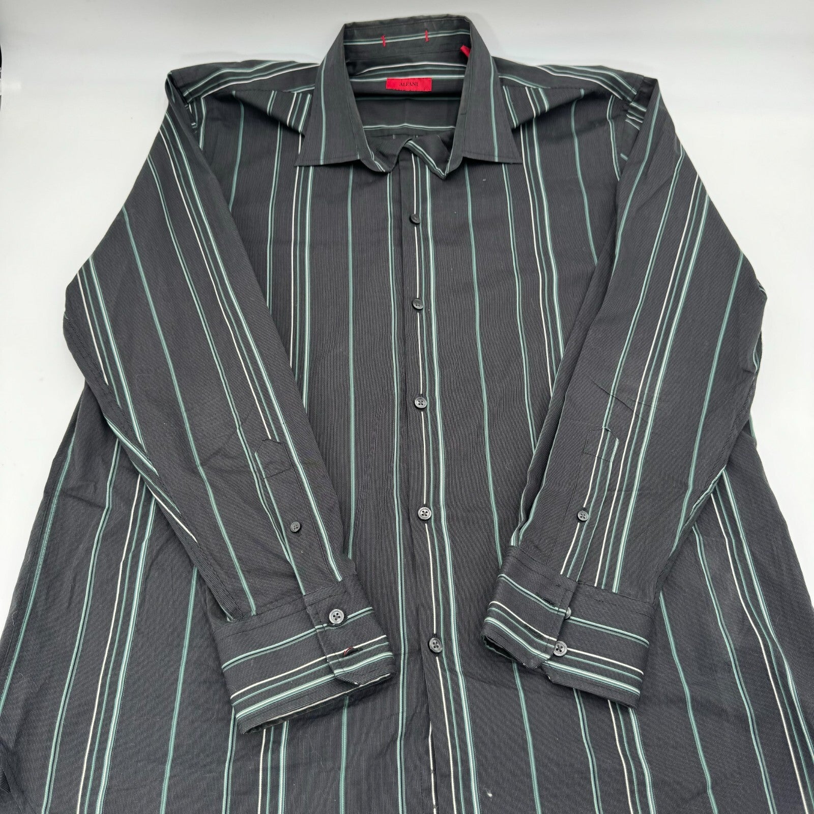 Alfani Gray Mens Classic Long Sleeve Button Up Shirt Green Stripes Size XL
