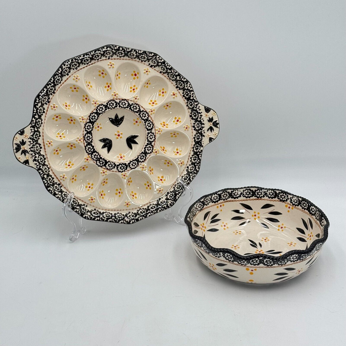 Temptations By Tara Hand Painted Ceramic Elegant Floral Bowl With Egg Platter