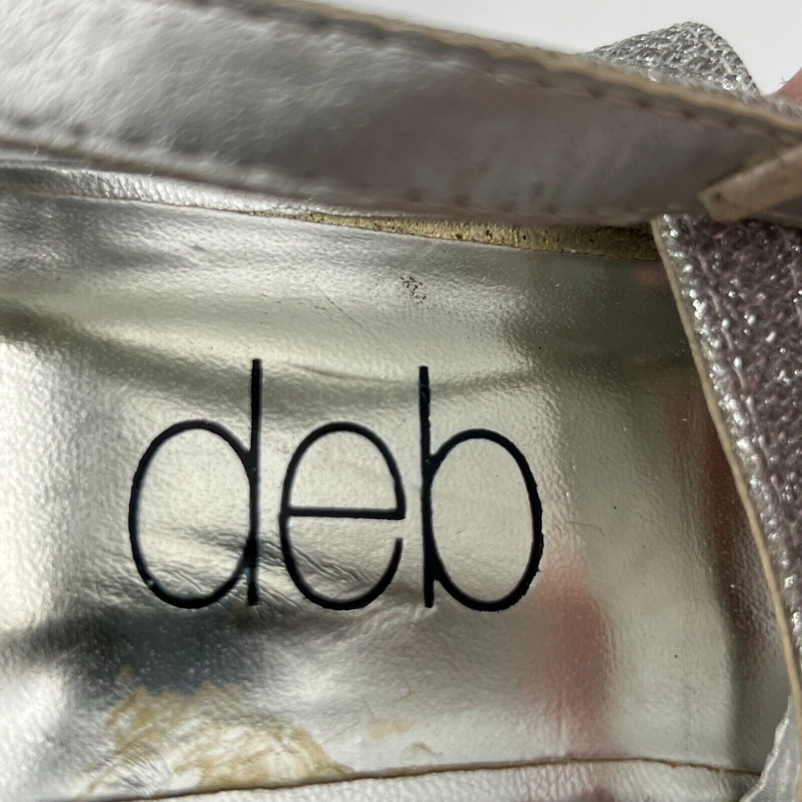 Deb Silver Glittering Jewels Adjustable Buckle Stilleto Peep Toe High Heels Sz 9