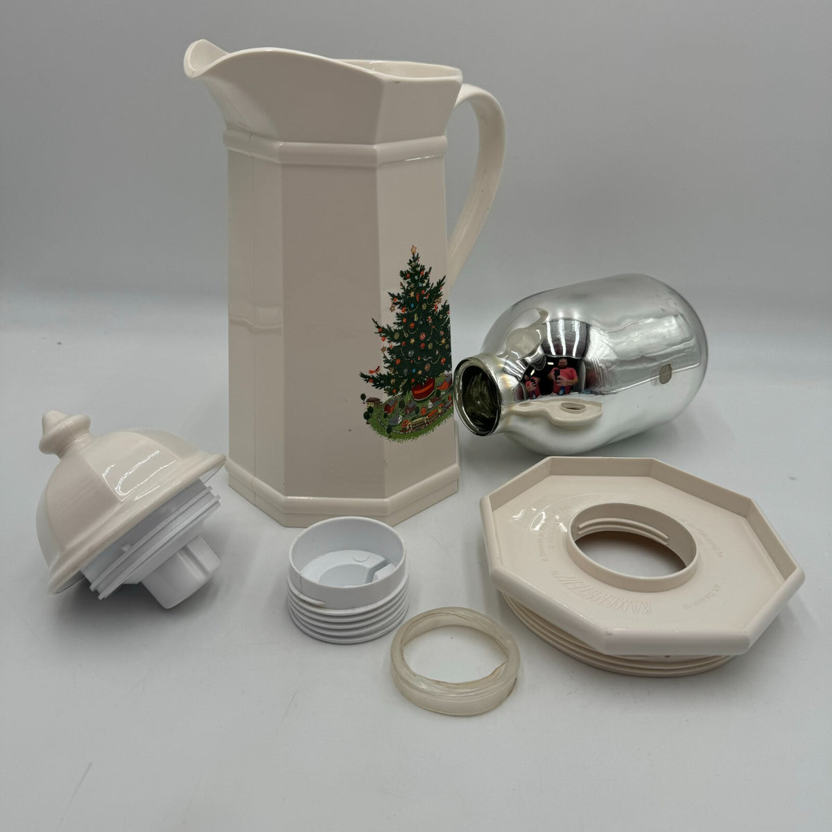 Pfaltzgraff Christmas Tree Design Thermos Carafe Pitcher Off White Matte Finish