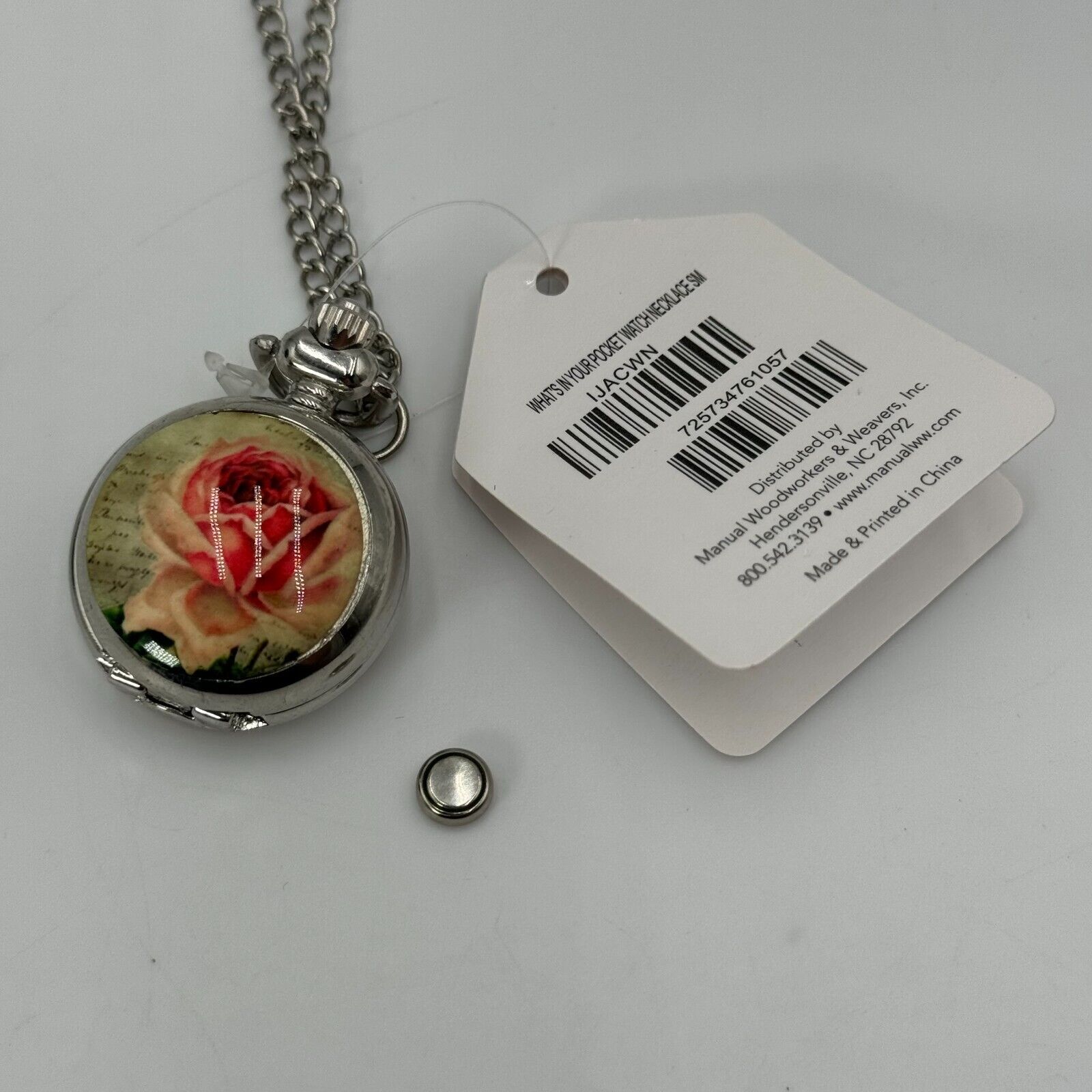 Isabellas Journey Silver Pocket Watch Necklace 28in Adjustable Chain Rose Christ
