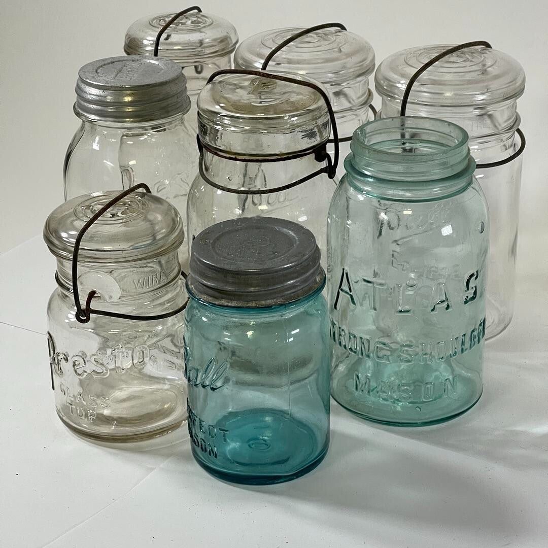 Vintage Lot of 8  Assorted Brands & Glass Mason Jars Decor Storage Organizer