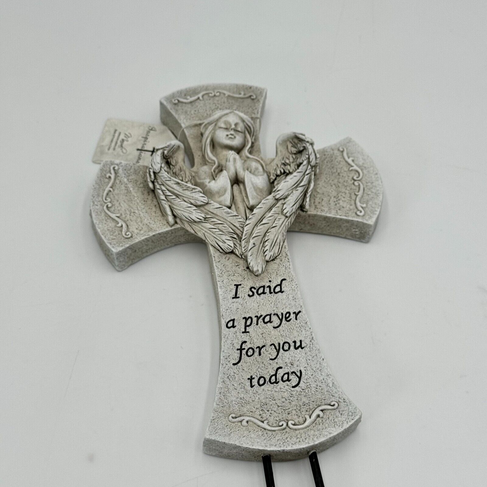 Angelic 10in Cross Gray Black Prayer Carved Angel 3in Metal Stakes Art Decor