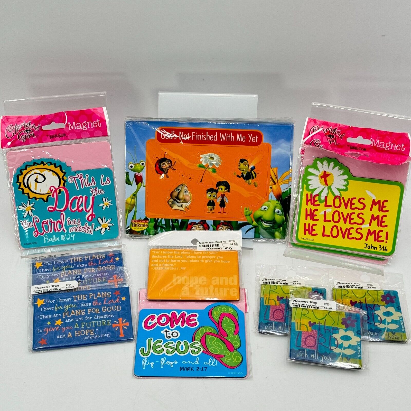 Lot of 14 Christian Theme Fridge Magnets + Kids Hermie Play Set Jesus Loves New