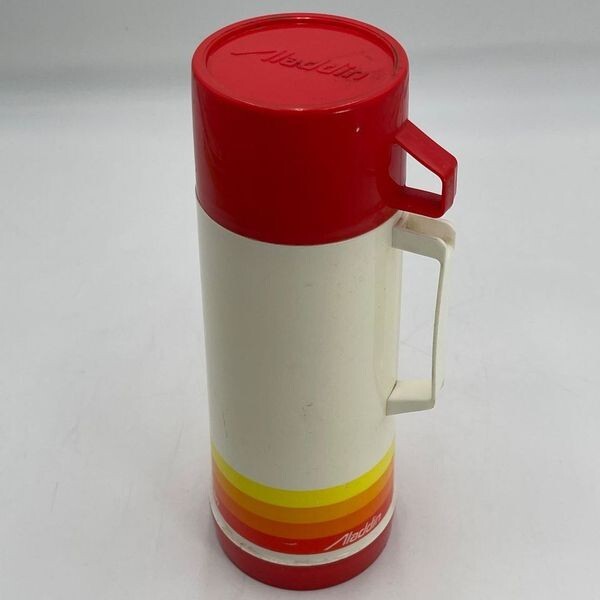 Vtg Aladdin Thermos 223 Red Sunburst Orange Yellow Beige Pint 1980's Made USA
