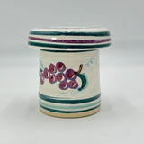 Unique Ceramic Jar With Butter Bell Lid Painted Green Stripes & Red Grapes RARE