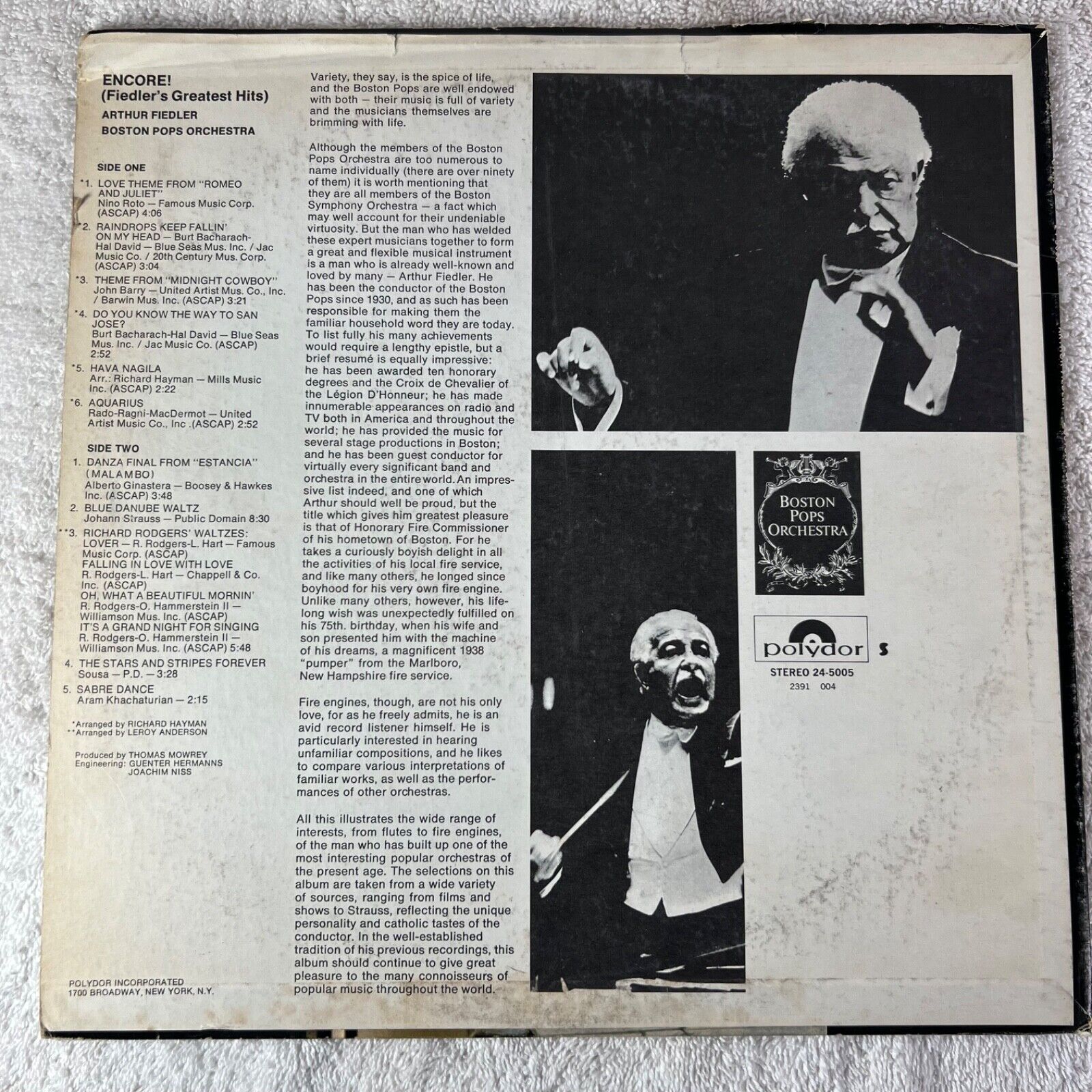 Encore - Fiedler's Greatest Hits Vinyl LP US 1971 Polydor – 24-5005 POP ROMANTIC