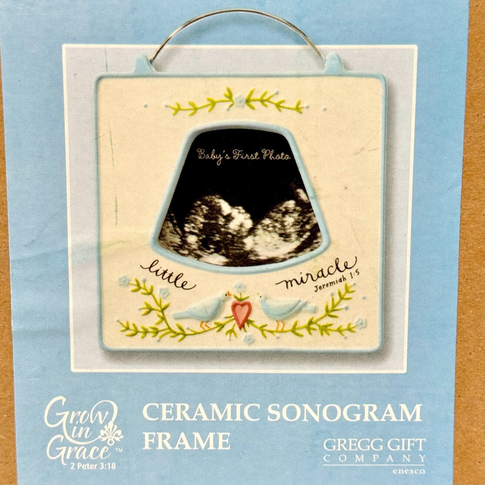 Russ Ceramic Sonogram Frame Blue Grow in Grace Baby Pictures Wall Hang/Stand NIB