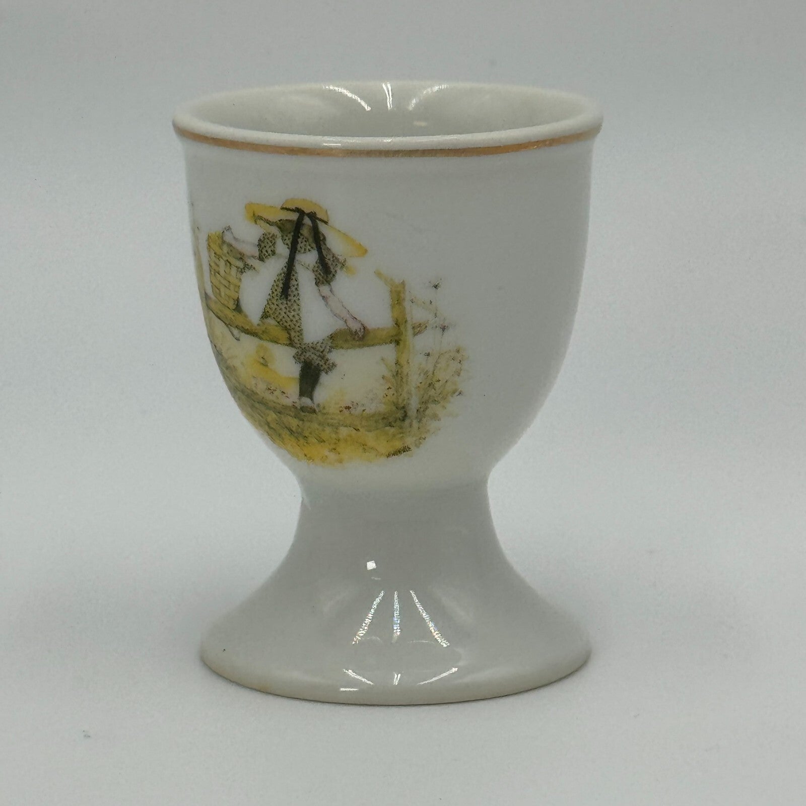 Vintage Gilded Gold Rimmed Porcelain Holly Hobbie Sitting Painted Egg Cup 2.5”