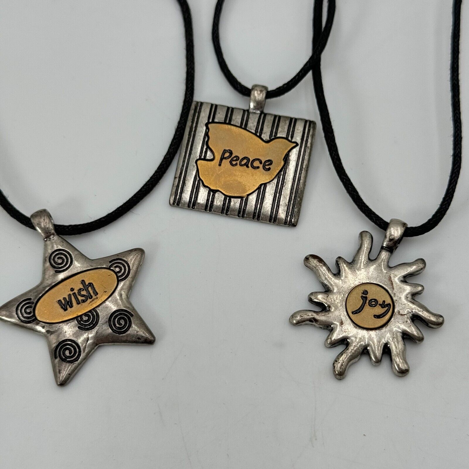 Lot of 3 Adjustable 16-18 in Necklaces Black Star Wish Square Dove Peace Sun Joy