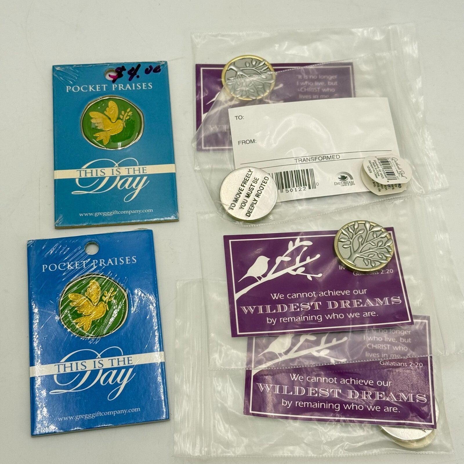 Lot of 6 Pocket Prayer Coins Blessed Change Praises Peace Hearts Bible Verse NWT