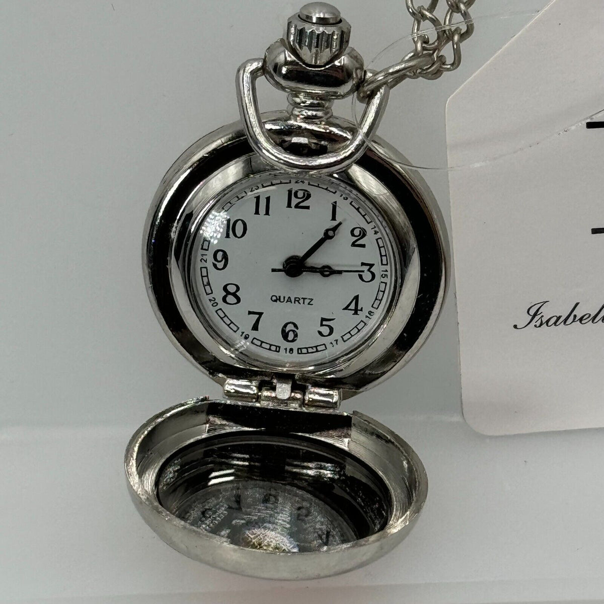 Isabellas Journey Silver Pocket Watch Necklace 28in Adjustable Chain Rose Christ