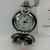 Isabellas Journey Silver Pocket Watch Necklace 28in Adjustable Chain Rose Christ