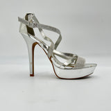 Deb Silver Glittering Jewels Adjustable Buckle Stilleto Peep Toe High Heels Sz 9