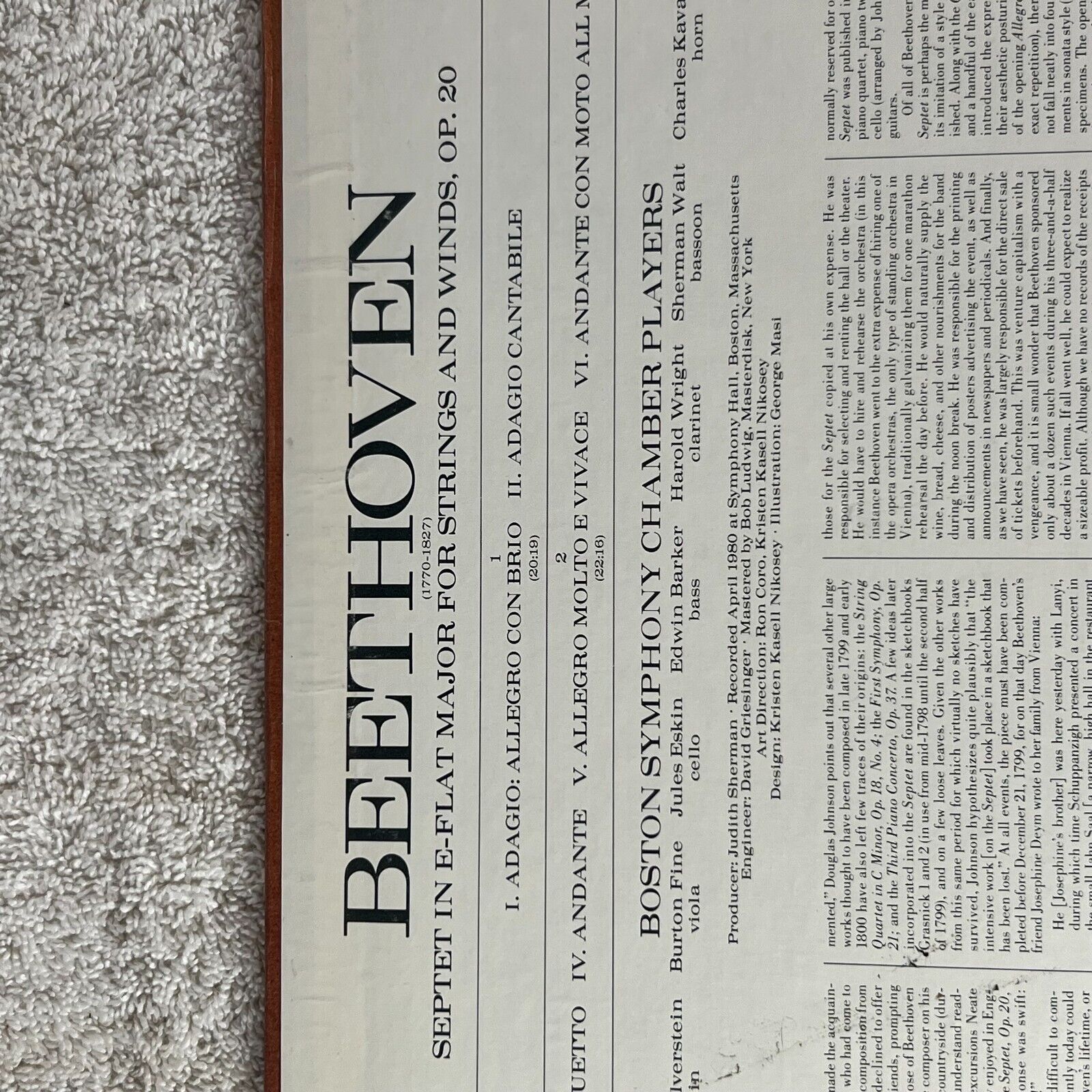 BEETHOVEN SEPTET BOSTON SYMPHONY CHAMBER PLAYERS Vinyl LP