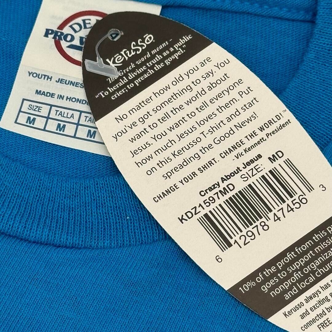 Kerusso Kids Medium Crewneck Blue Printed Fox & Crazy About Jesus T-Shirt NWT