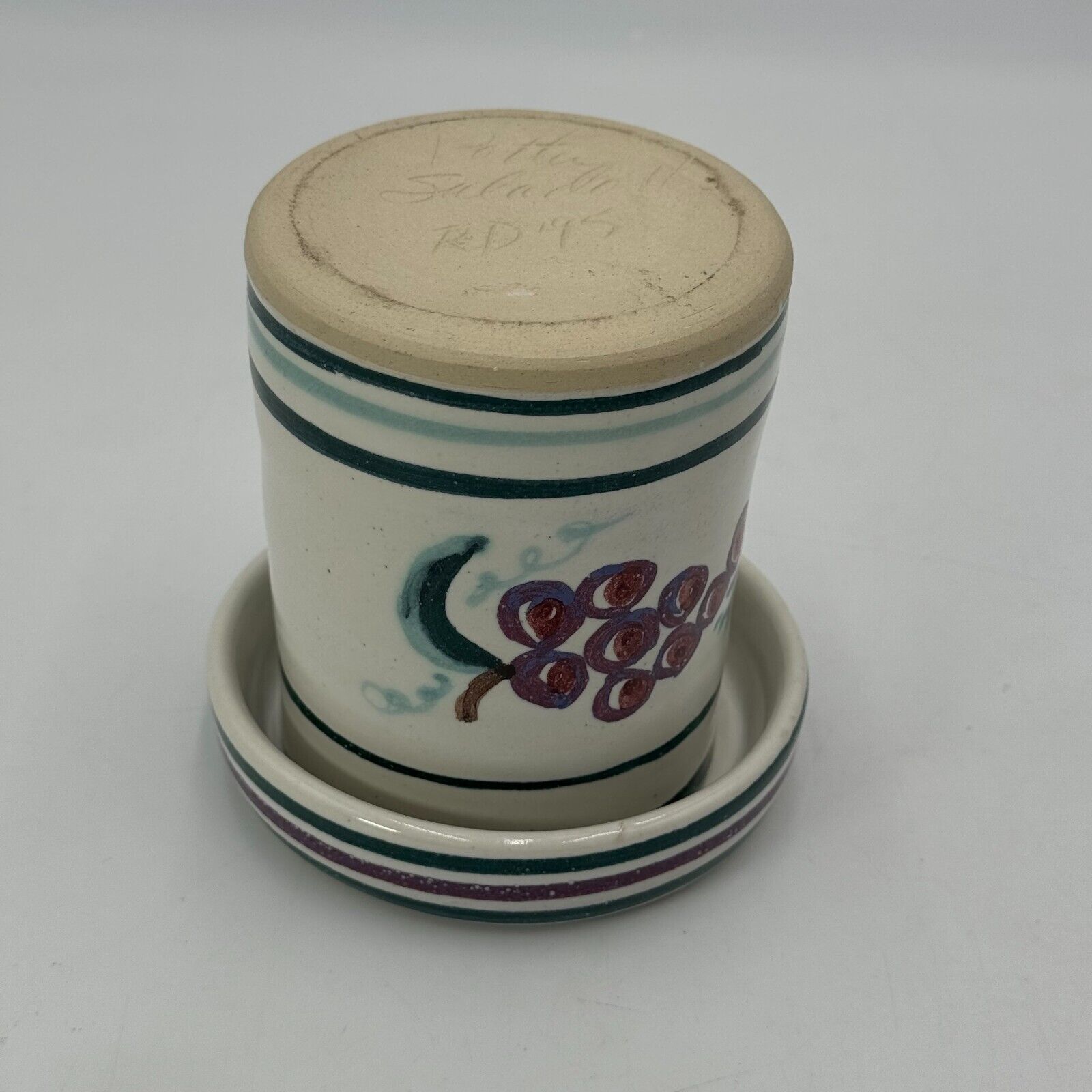 Unique Ceramic Jar With Butter Bell Lid Painted Green Stripes & Red Grapes RARE