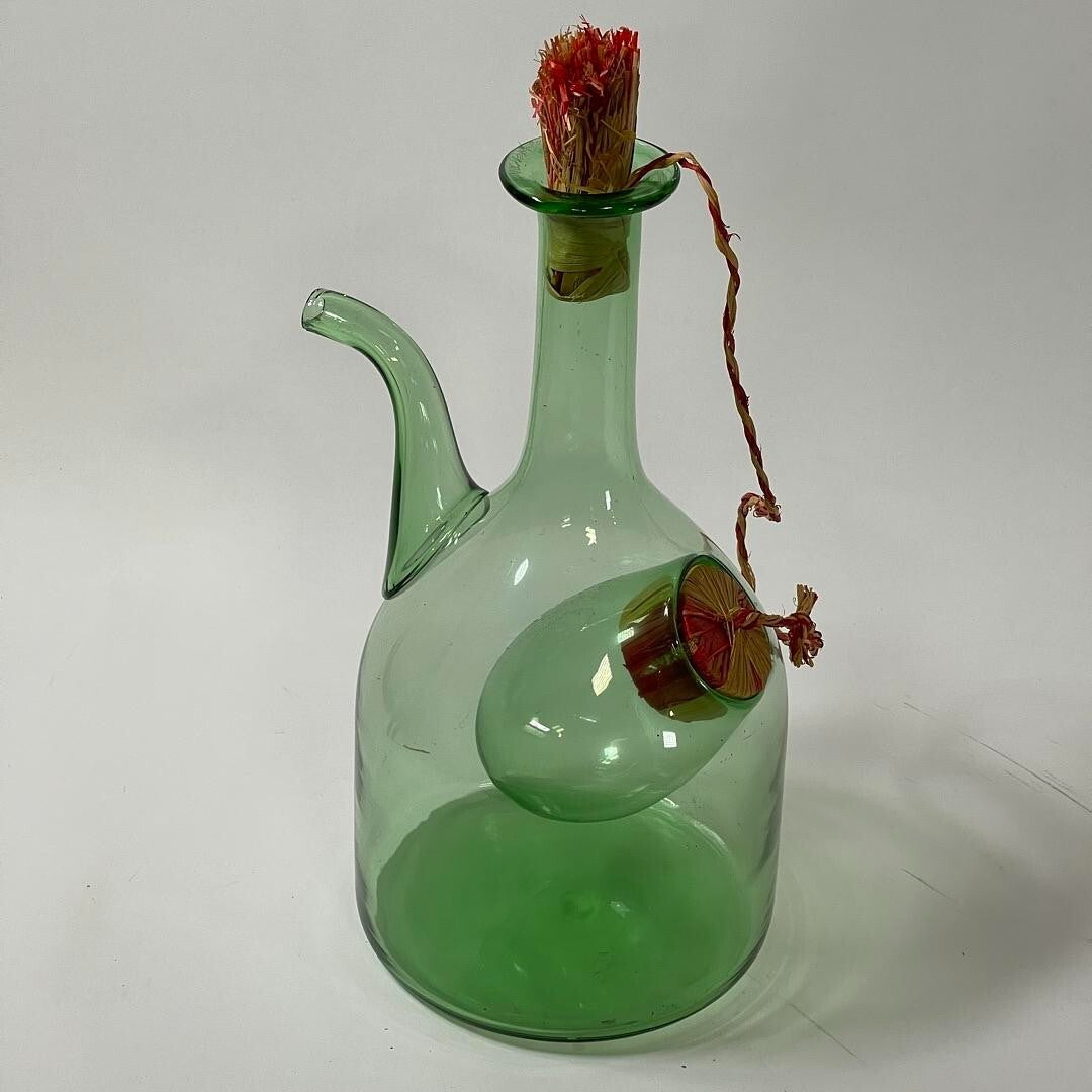 Vintage Large Hand Blown Green Glass Italian Wine Decanter with Ice Chamber