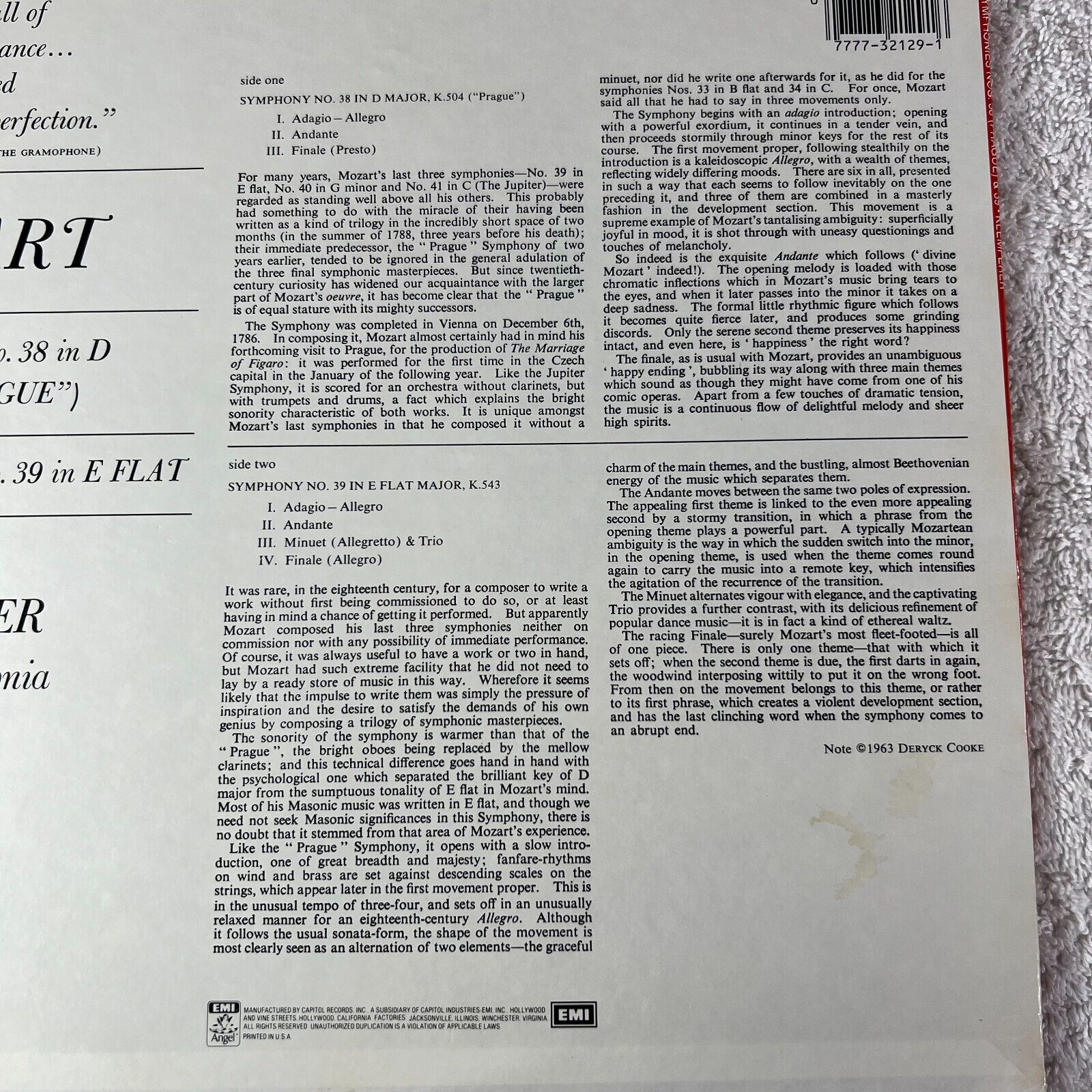 MOZART – Symphonies No. 38 In D, "Prague" / No. 39 In E Flat Vinyl LP US 1965