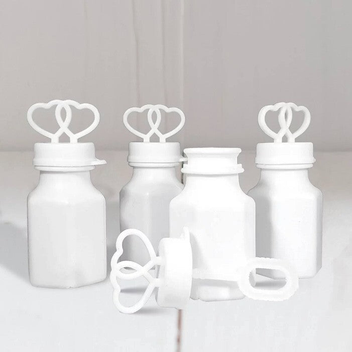 12pk Double Heart Bubbles Mini White Plastic Bottles & Wand Party Decor NIB