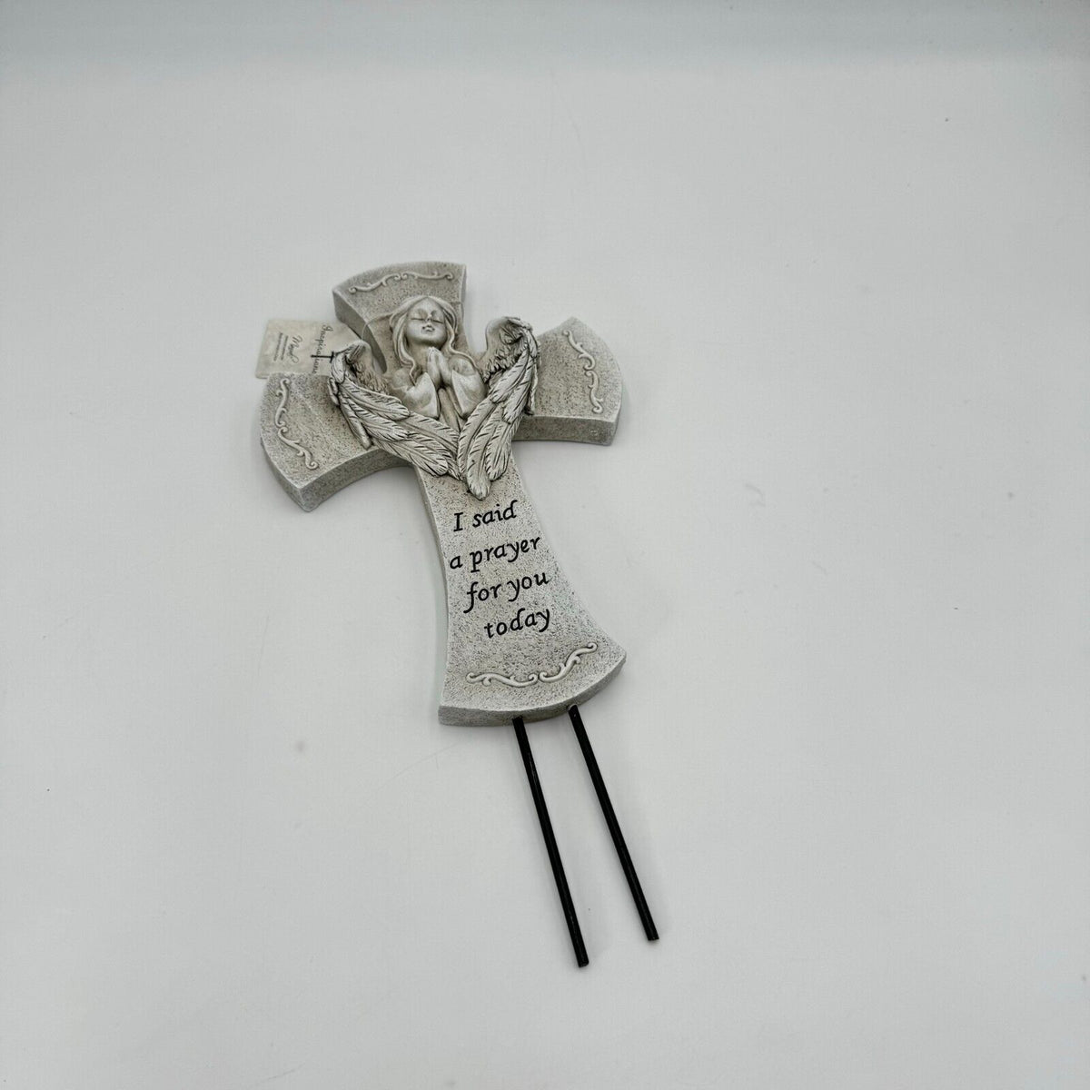 Angelic 10in Cross Gray Black Prayer Carved Angel 3in Metal Stakes Art Decor