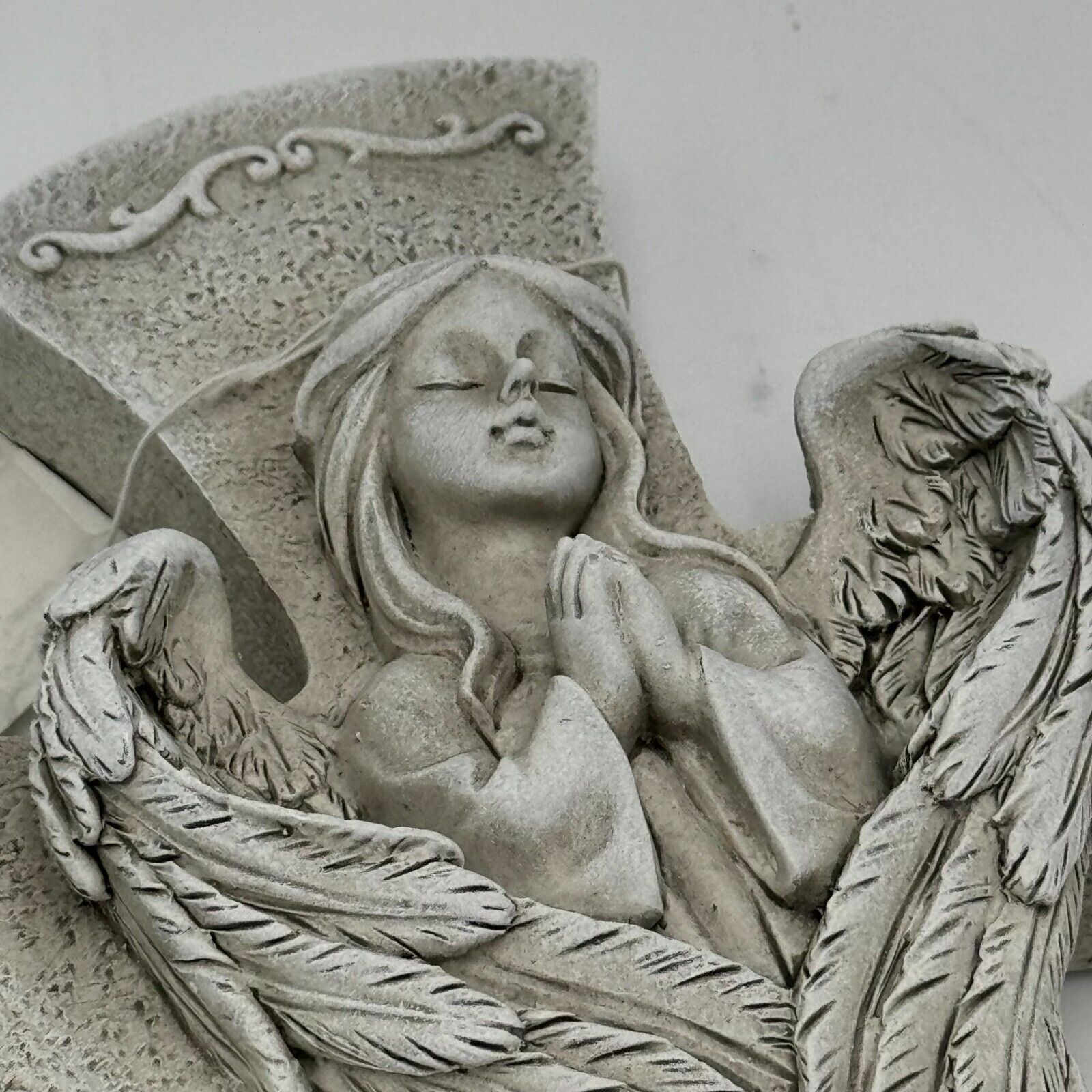 Angelic 10in Cross Gray Black Prayer Carved Angel 3in Metal Stakes Art Decor