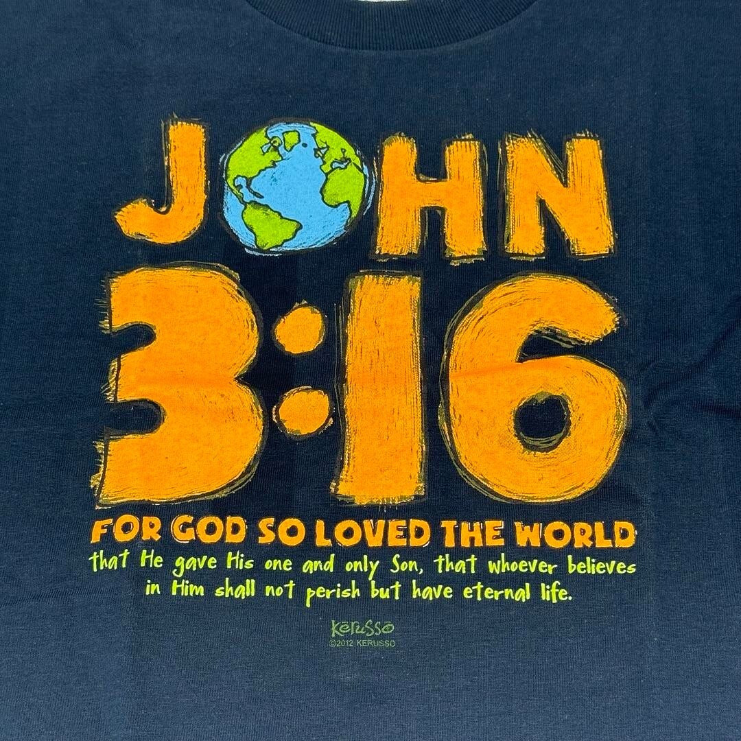 Kerusso  Kids Medium John 3:16 Verse Crewneck T-Shirt Navy Orange Christian NWT