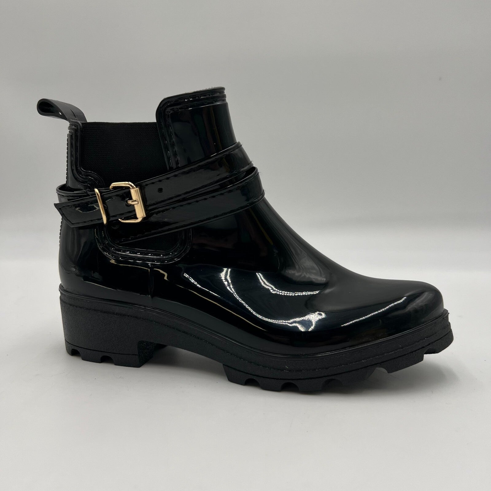 Women’s Non-Slip Black Platform Style Ankle Rain Boots Buckle Trendy Size 8/XL
