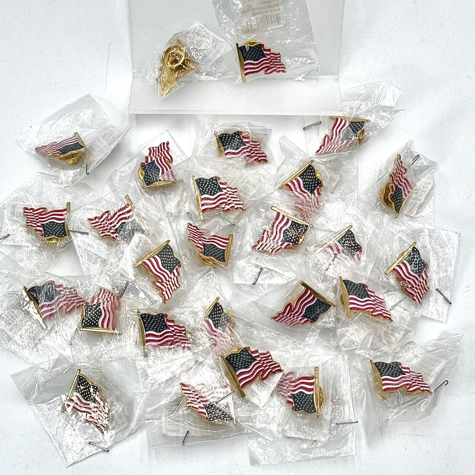 Lot of 25 Waving American Flag Lapel Pin Gold Accents Red White Blue USA New