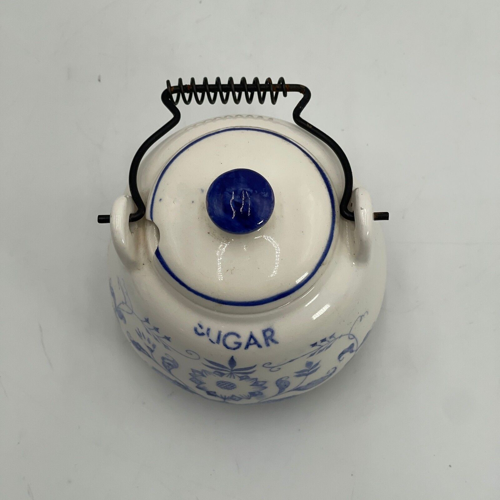 Vintage 1950's Delft Blue Teapot 3" Sugar 2 Piece Metal Handles Japan