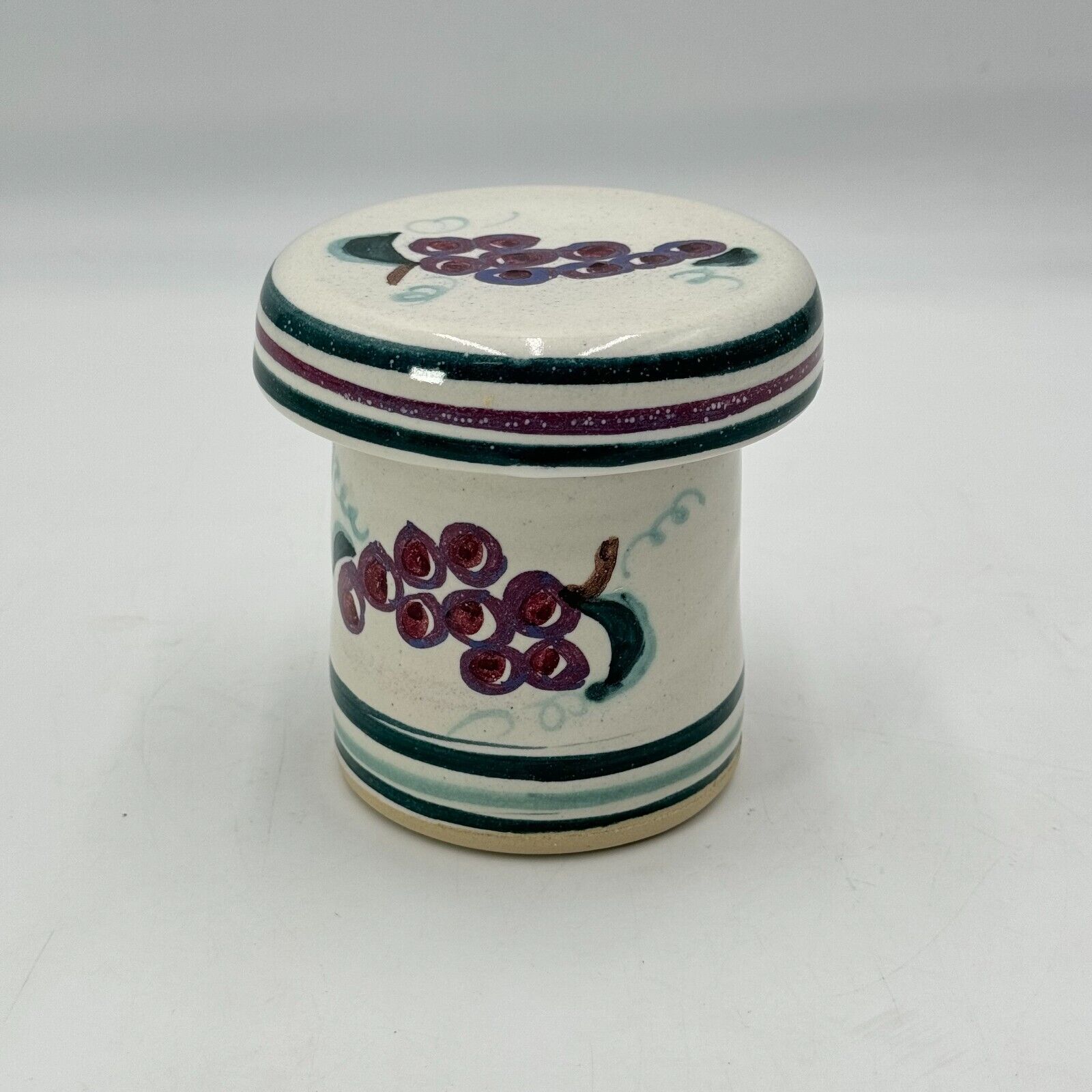 Unique Ceramic Jar With Butter Bell Lid Painted Green Stripes & Red Grapes RARE