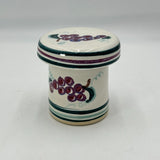 Unique Ceramic Jar With Butter Bell Lid Painted Green Stripes & Red Grapes RARE