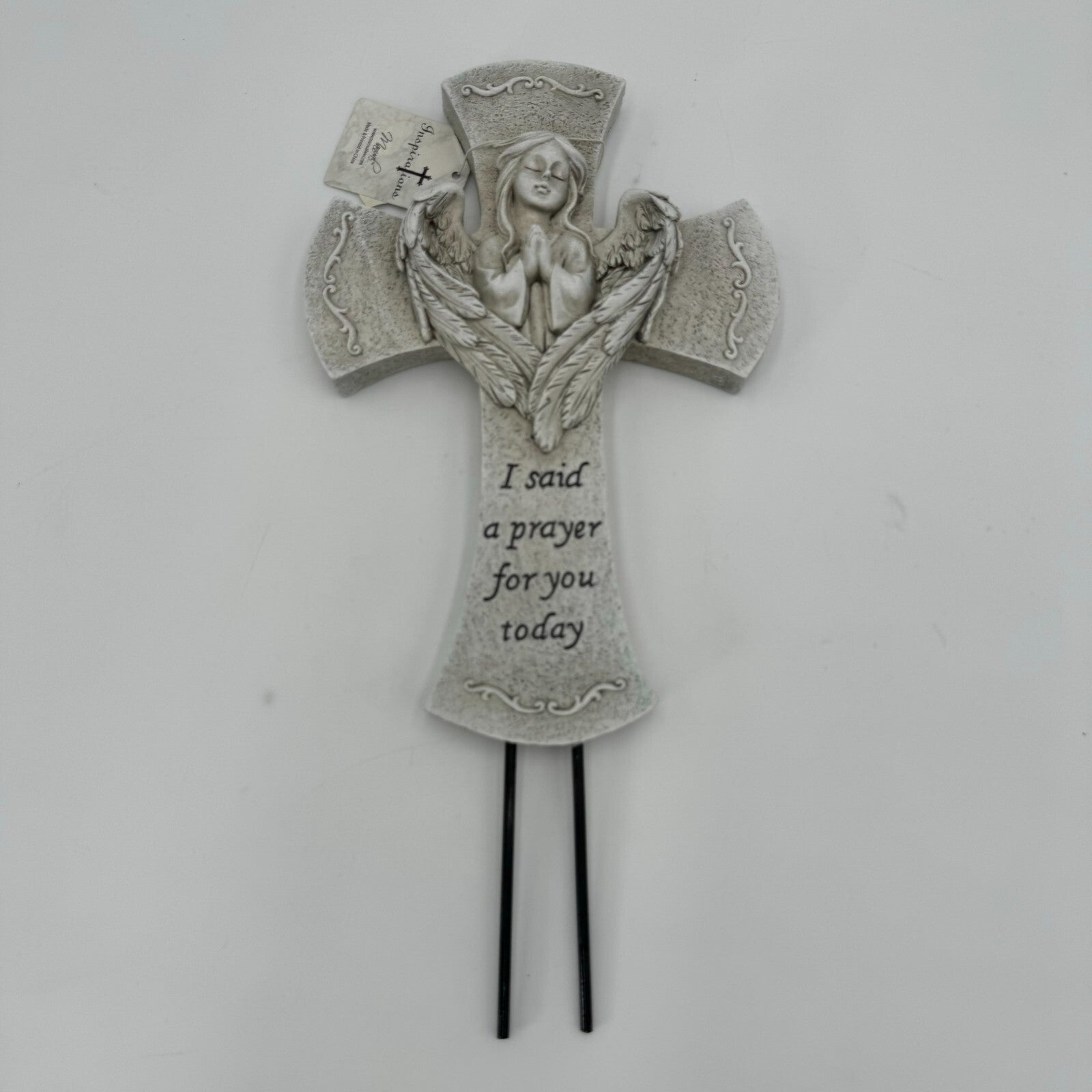 Angelic 10in Cross Gray Black Prayer Carved Angel 3in Metal Stakes Art Decor