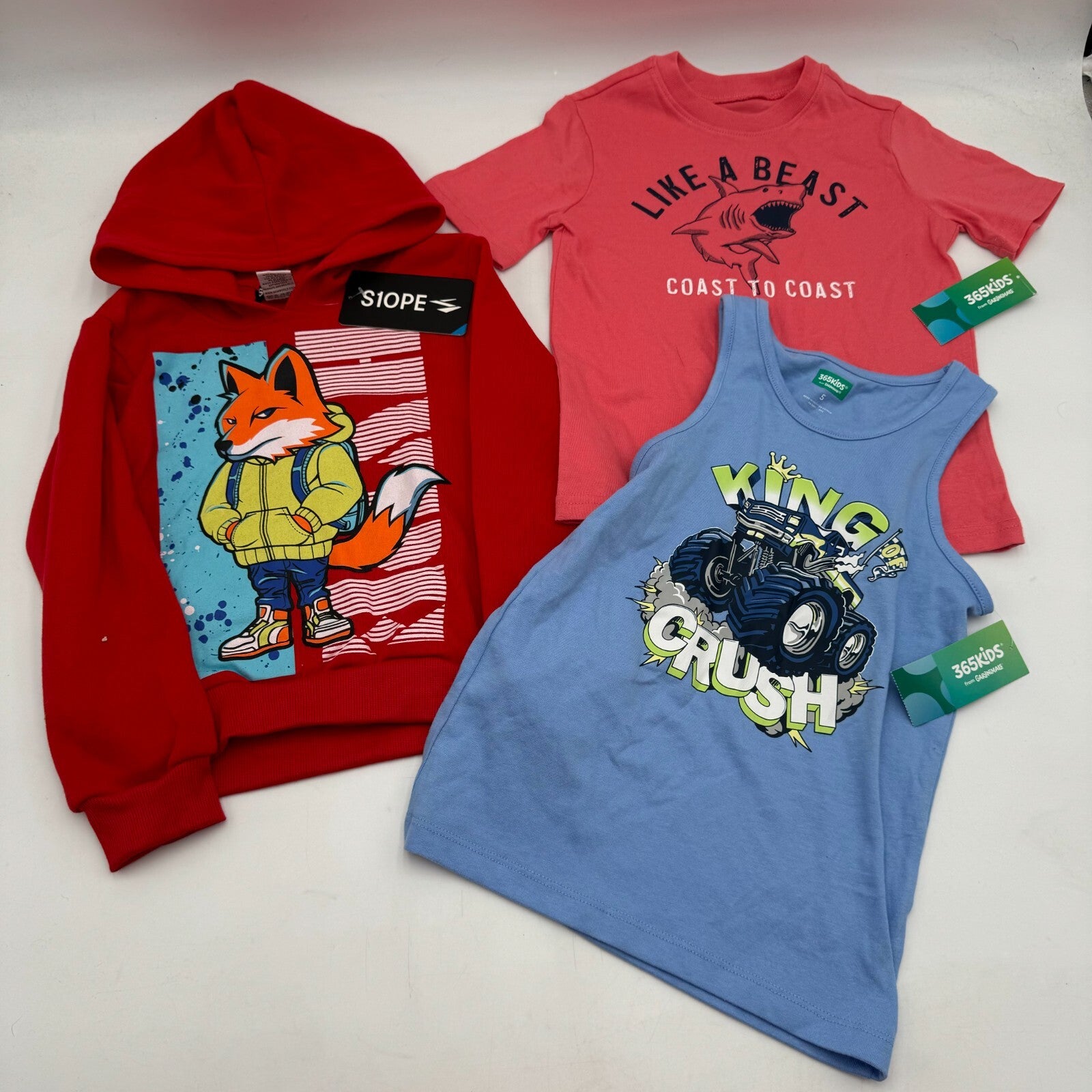 Lot of 3 Size 5T NWT Kids Clothes Fox Hoodie Blue Monster Truck Tank Top Shirt