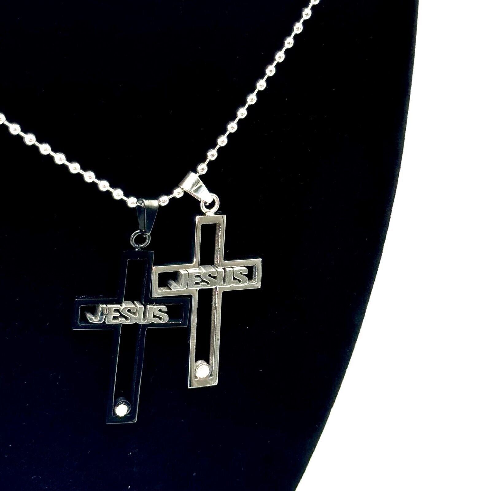 2 Jesus Cut Out Cross Black & Silver Pendant Diamond Gem 22" Chain Christian NEW